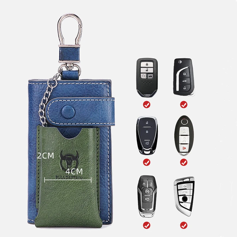 (image for) BULLCAPTAIN Genuine Leather Mens Keycase Portable Car Keychain Storage Key Holder Fashion Color Block Design Housekeeper Stand Stylish Compact Key Bag